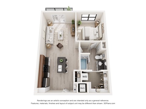A 3D floor plan of a small apartment with a kitchen, living room, and bathroom.